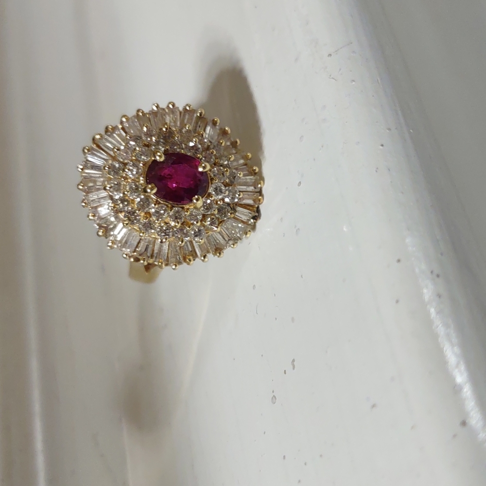 Ruby and diamond ring 14k yellow gold, ballerina from the 1990s - Picture 9 of 12